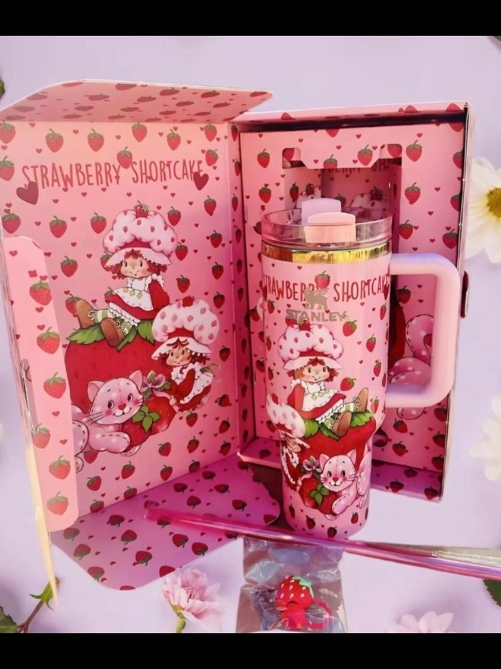 New Stanley x Strawberry Shortcake Pink Travel Mug - Strawberry Design